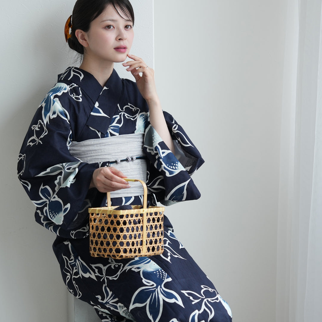 セパレート 二部式浴衣3点セット ( ゆかた上下・帯・下駄 )紺地に青の