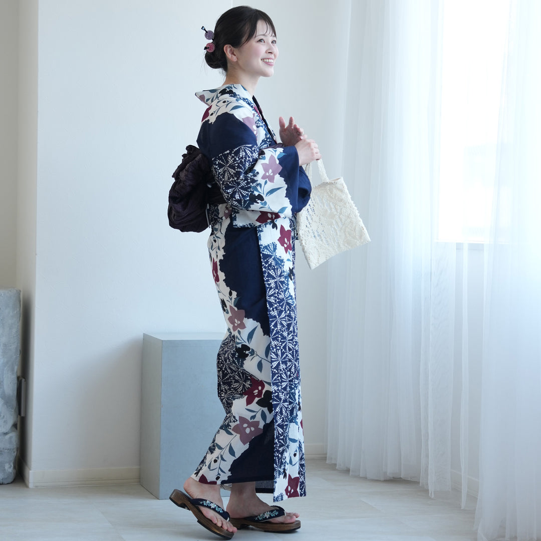セパレート 二部式浴衣3点セット ( ゆかた上下・帯・下駄 )紺に疋田と