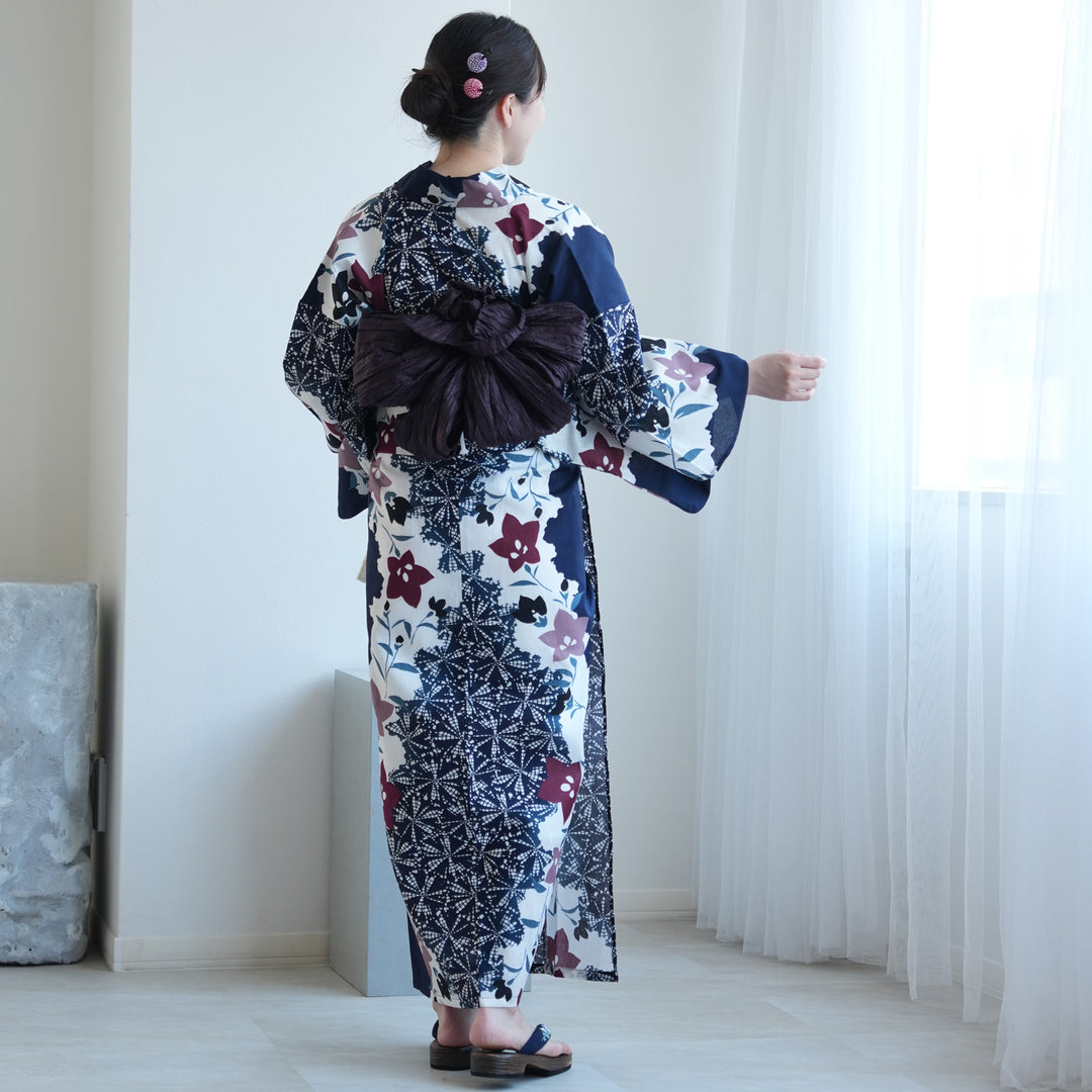 【未使用】utatane_国内染色 二部式浴衣_ 鈍青と緑の砂よろけ×桔梗 セパレート 二部式浴衣3点セット ( ゆかた上下・帯・下駄 )紺に疋田と