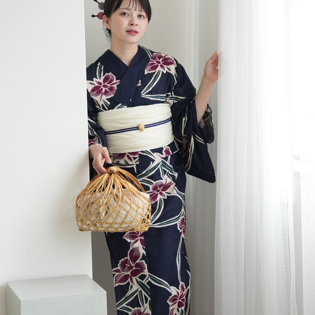 セパレート 二部式浴衣3点セット ( ゆかた上下・帯・下駄 )紺地に