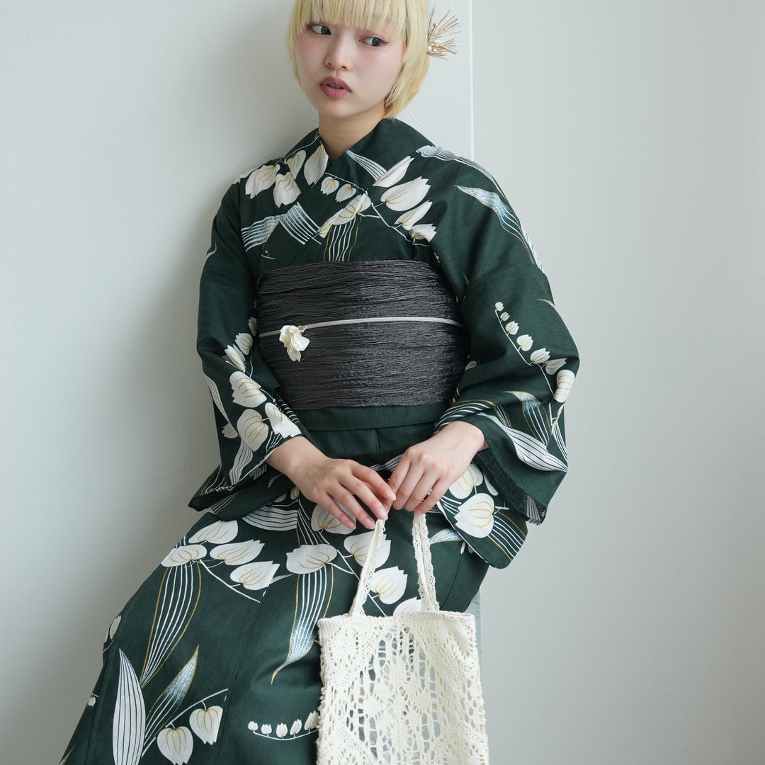 セパレート 二部式浴衣3点セット ( ゆかた上下・帯・下駄 )錆緑に金線