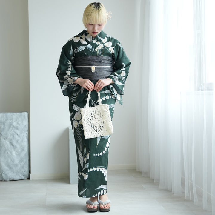 セパレート 二部式浴衣3点セット ( ゆかた上下・帯・下駄 )錆緑に金線
