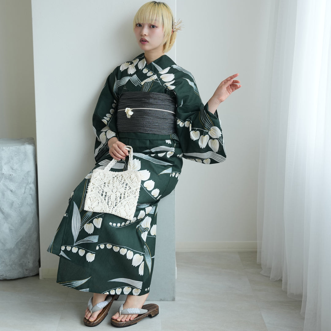 セパレート 二部式浴衣3点セット ( ゆかた上下・帯・下駄 )錆緑に金線