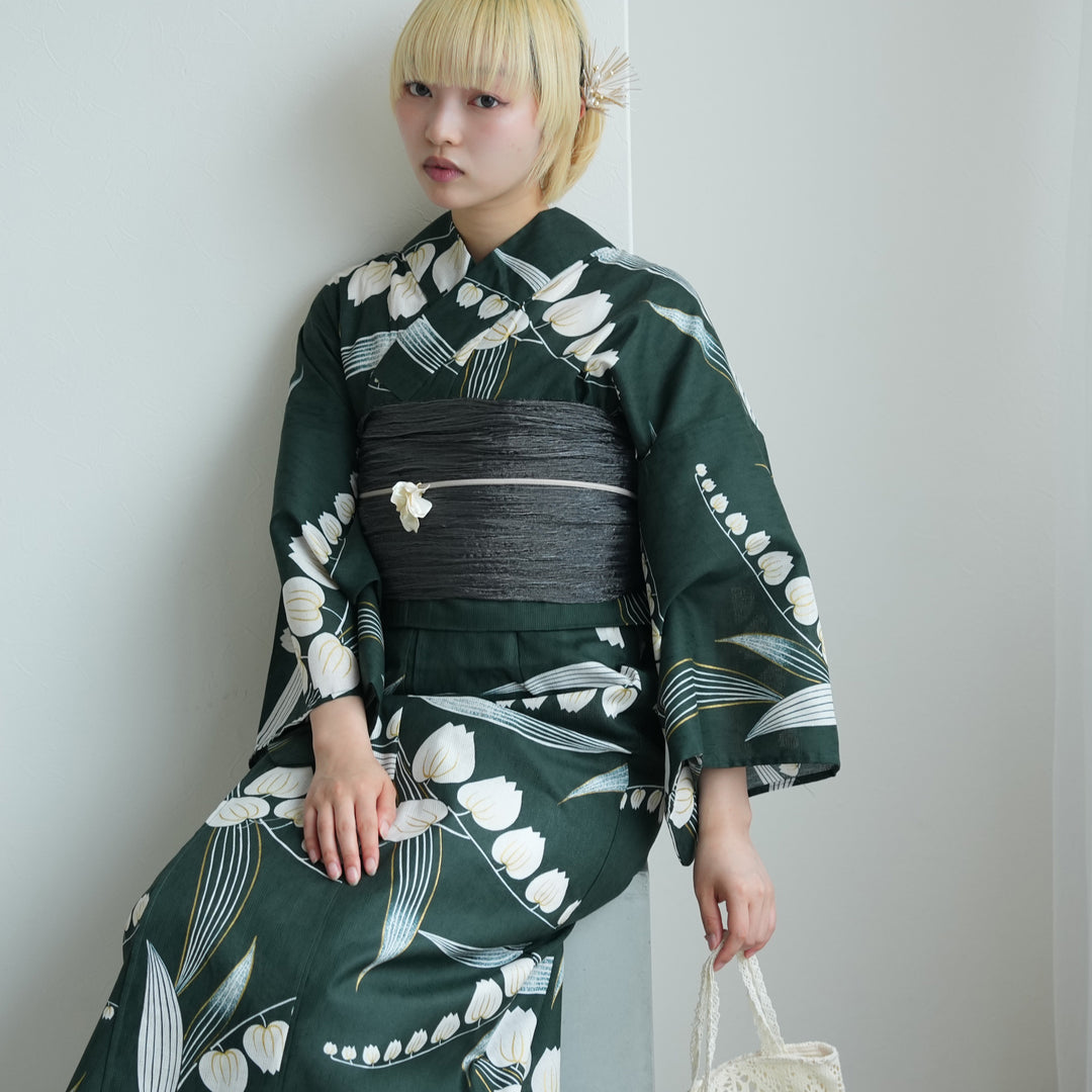 新品　未使用　utatane 二部式　セパレート　浴衣　帯　下駄　渋緑にアネモネ セパレート 二部式浴衣3点セット ( ゆかた上下・帯・下駄 )錆緑に金線