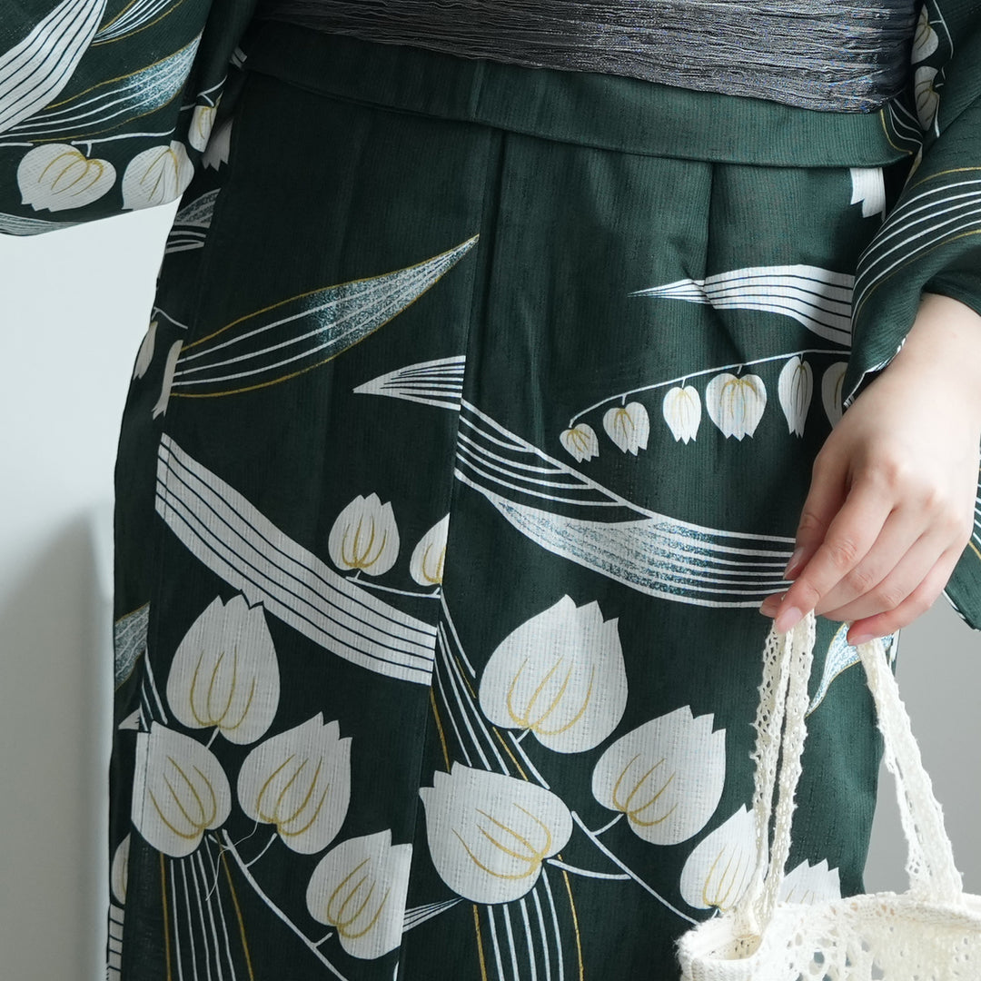 セパレート 二部式浴衣3点セット ( ゆかた上下・帯・下駄 )錆緑に金線