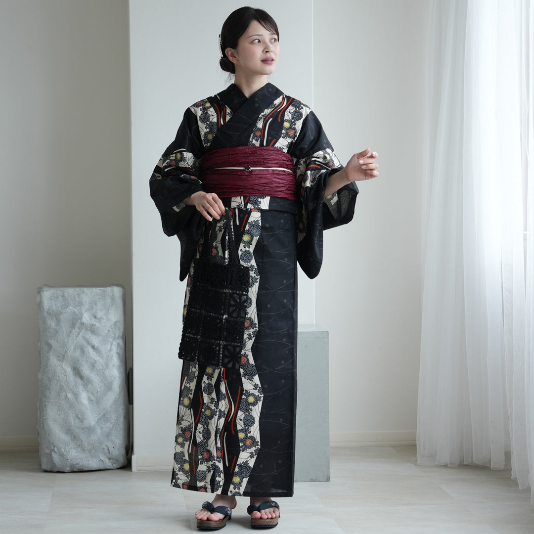 セパレート 二部式浴衣3点セット ( ゆかた上下・帯・下駄 )ブラックに