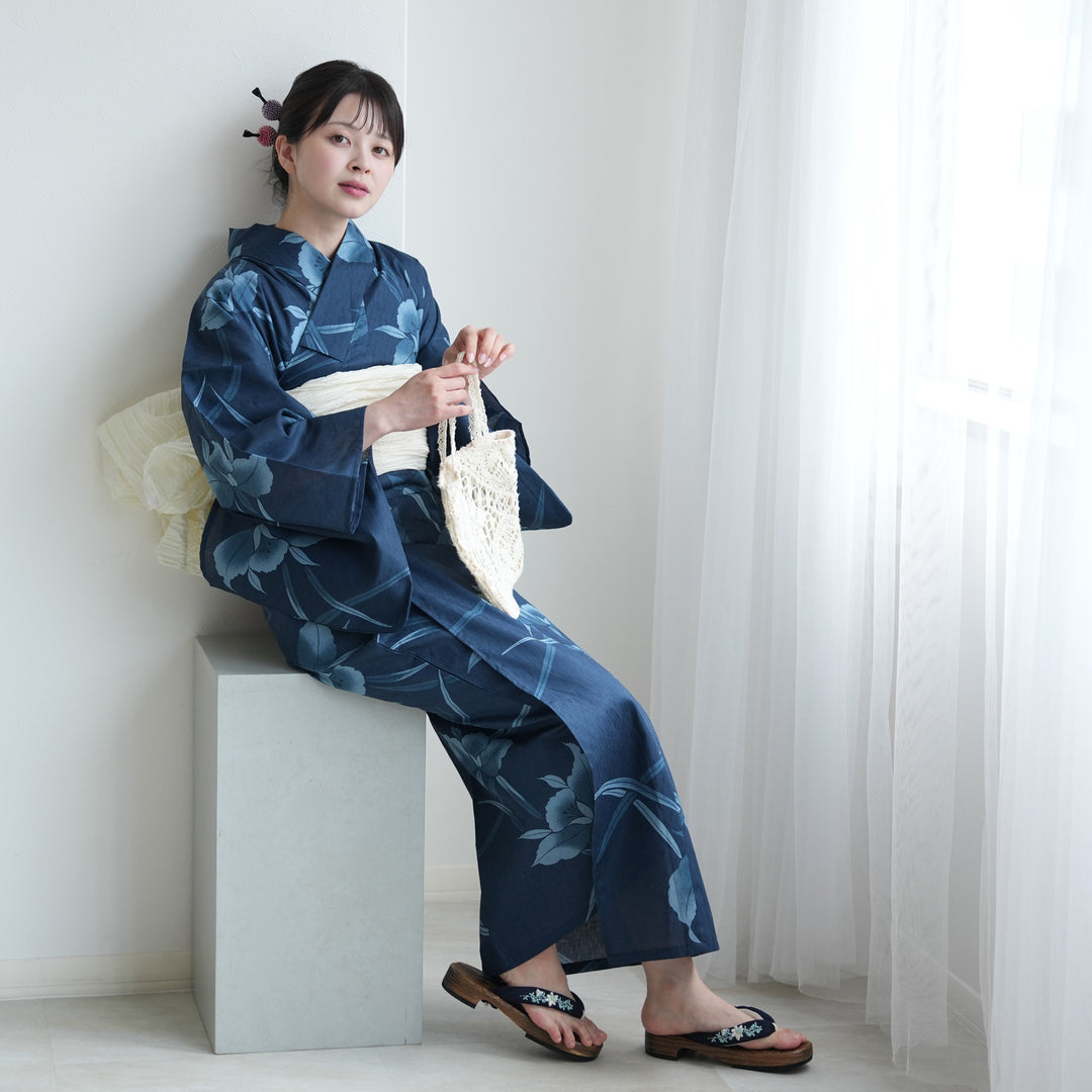 セパレート 二部式浴衣3点セット ( ゆかた上下・帯・下駄 )鉄紺に滲む
