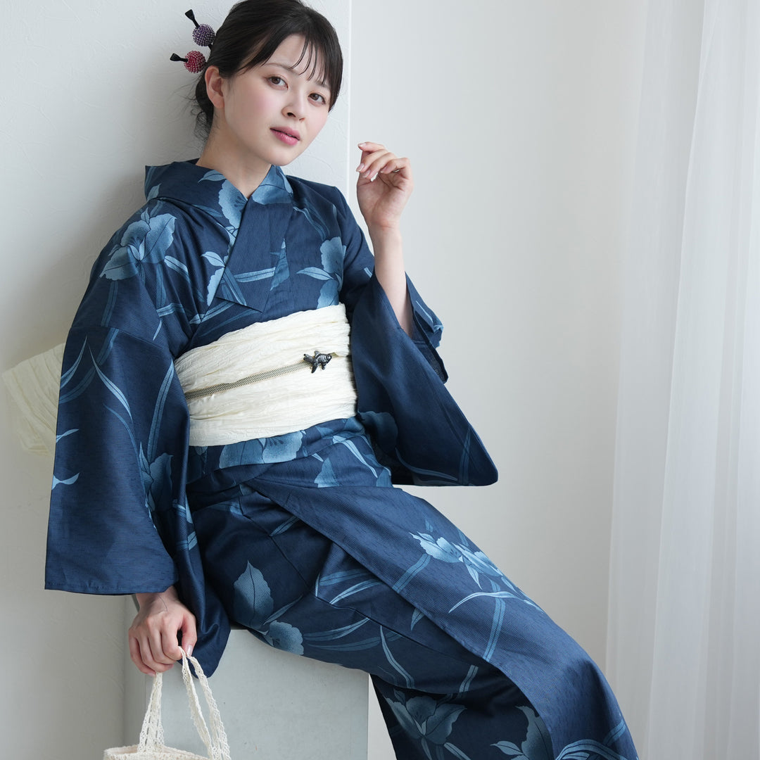 utatane 浴衣 月下美人の鉄紺染分け セパレート 二部式浴衣3点セット ( ゆかた上下・帯・下駄 )鉄紺に滲む