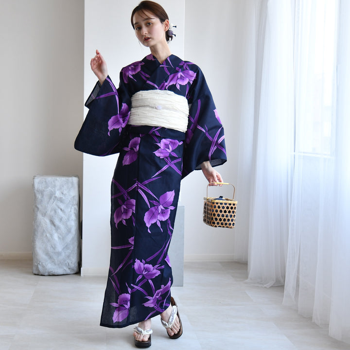 大人のゆかた◇新品！高級綿浴衣単品◎プレタ浴衣　紫陽花紺紫 セパレート 二部式浴衣3点セット ( ゆかた上下・帯・下駄 )深紺に
