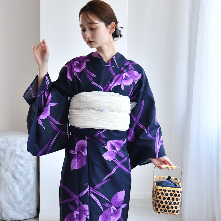 大人のゆかた◇新品！高級綿浴衣単品◎プレタ浴衣　紫陽花紺紫 セパレート 二部式浴衣3点セット ( ゆかた上下・帯・下駄 )深紺に