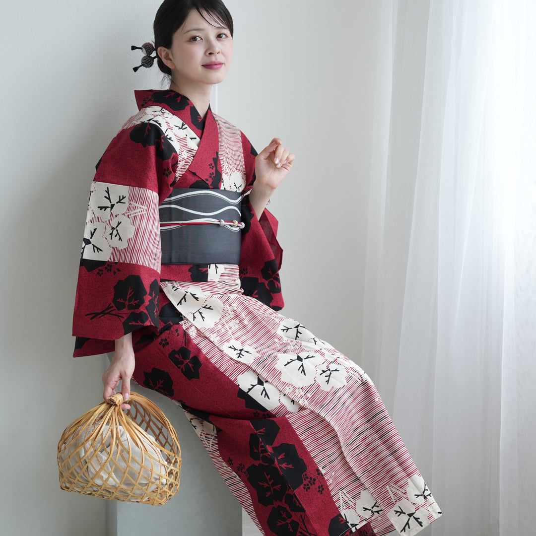 セパレート 二部式浴衣3点セット ( ゆかた上下・帯・下駄 )赤と黒の