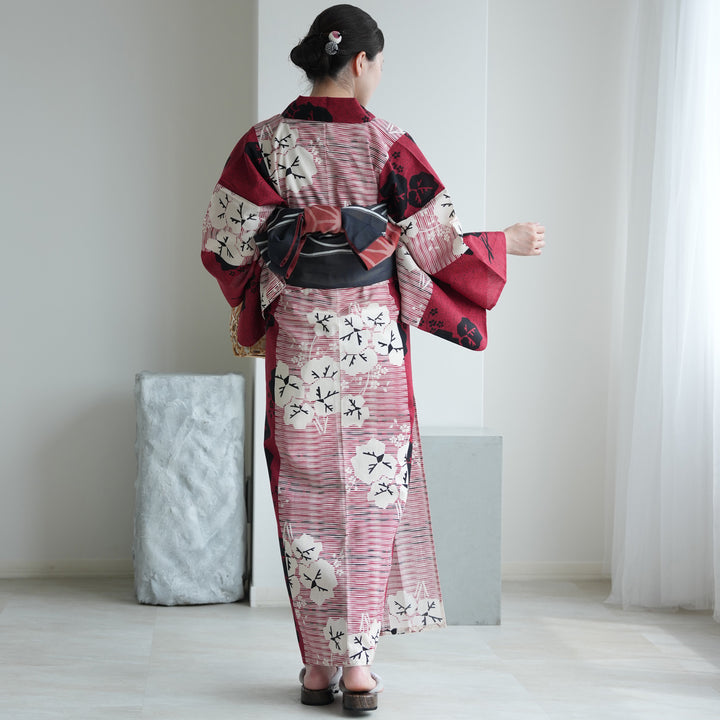 セパレート 二部式浴衣3点セット ( ゆかた上下・帯・下駄 )赤と黒の