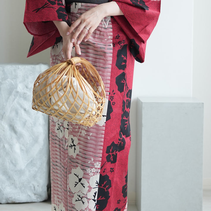 セパレート 二部式浴衣3点セット ( ゆかた上下・帯・下駄 )赤と黒の