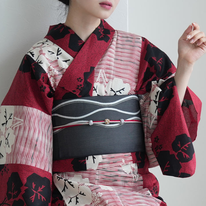セパレート 二部式浴衣3点セット ( ゆかた上下・帯・下駄 )赤と黒の