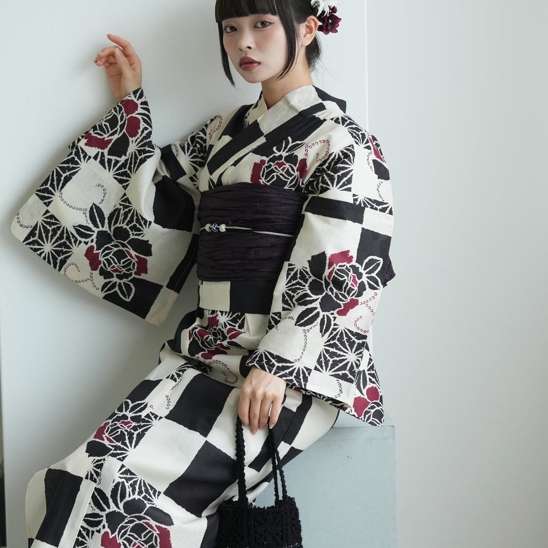 セパレート 二部式浴衣3点セット ( ゆかた上下・帯・下駄 )モノクロ