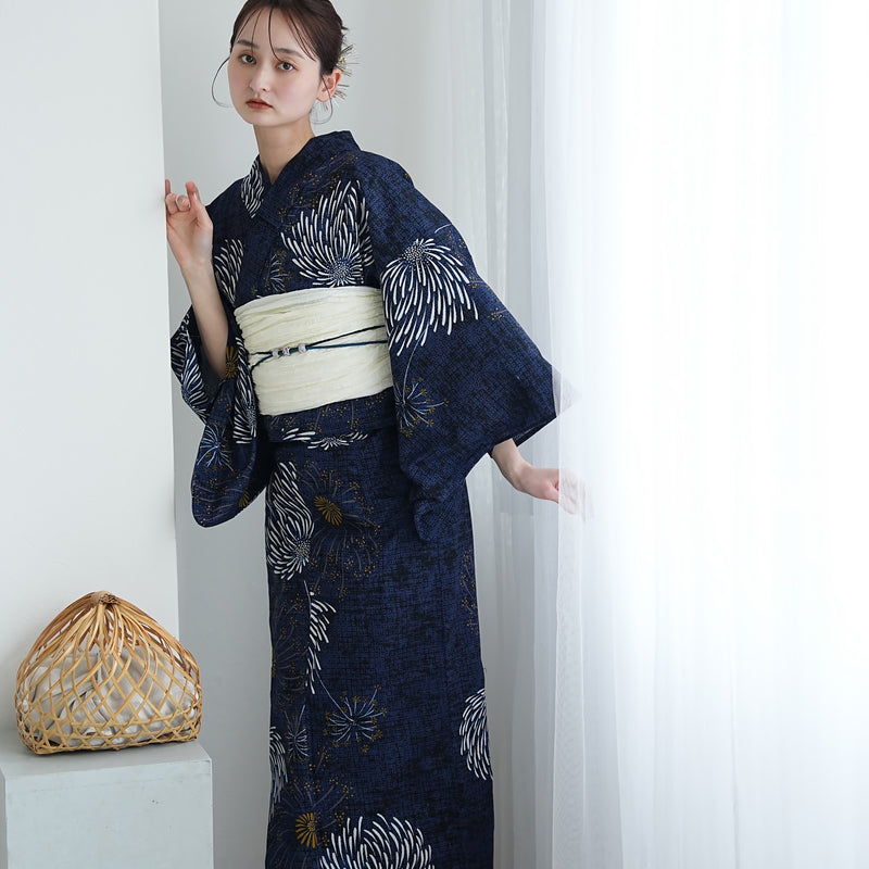 セパレート 二部式浴衣3点セット ( ゆかた上下・帯・下駄 ) ネイビーに