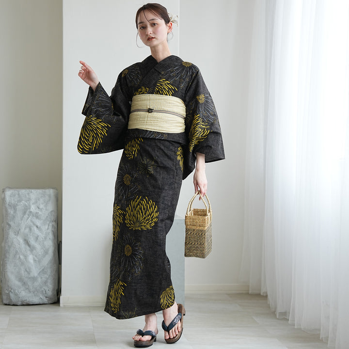 セパレート 二部式浴衣3点セット ( ゆかた上下・帯・下駄 ) ブラックに