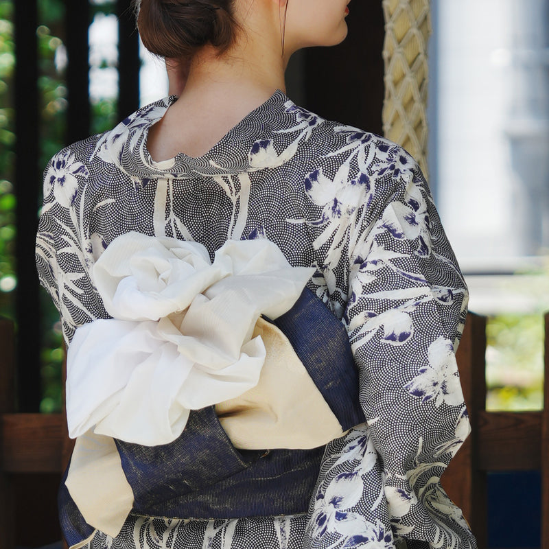 【utatane×Acka.  浴衣4点セット ( ゆかた・帯２点・下駄 ) 鮫小紋と菖蒲 navy】Acka. (@acka_official)オリジナル 限定 コラボ  フリーサイズ 国産生地 国内染色　（5020266111）