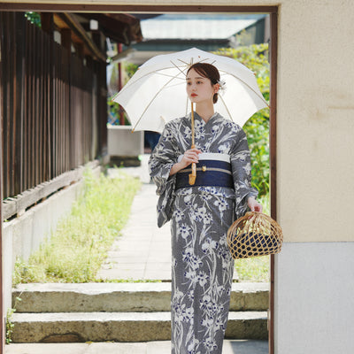 【utatane×Acka.  浴衣4点セット ( ゆかた・帯２点・下駄 ) 鮫小紋と菖蒲 navy】Acka. (@acka_official)オリジナル 限定 コラボ  フリーサイズ 国産生地 国内染色　（5020266111）