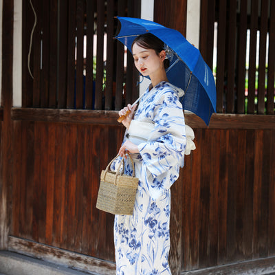 【utatane×Acka.  浴衣4点セット ( ゆかた・帯２点・下駄 ) 鮫小紋と菖蒲 ivory】Acka. (@acka_official)オリジナル 限定 コラボ  フリーサイズ 国産生地 国内染色　（5020266311）