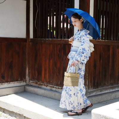 【utatane×Acka.  浴衣4点セット ( ゆかた・帯２点・下駄 ) 鮫小紋と菖蒲 ivory】Acka. (@acka_official)オリジナル 限定 コラボ  フリーサイズ 国産生地 国内染色　（5020266311）