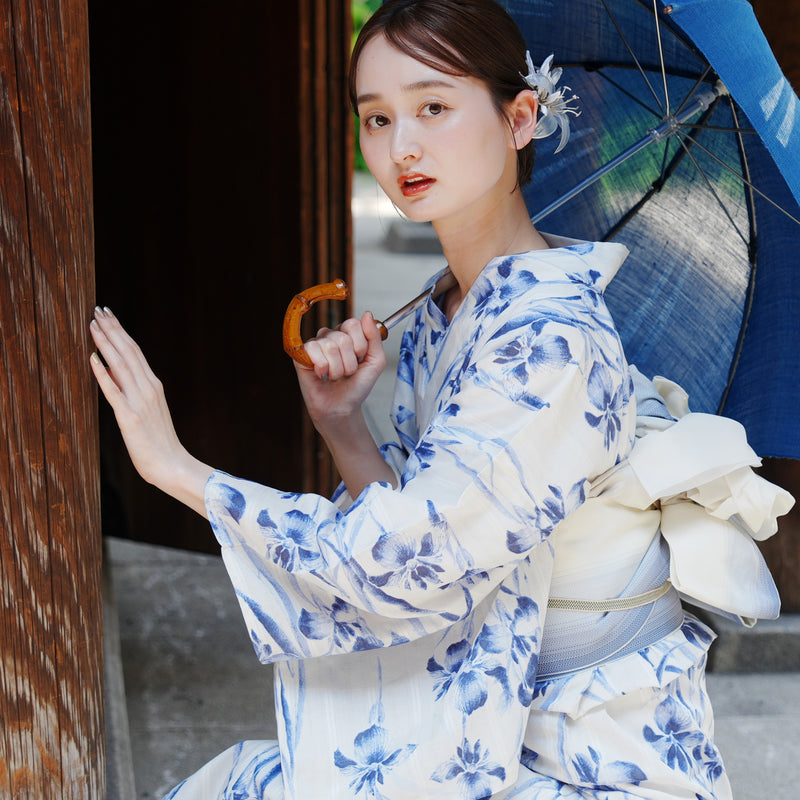 【utatane×Acka.  浴衣4点セット ( ゆかた・帯２点・下駄 ) 鮫小紋と菖蒲 ivory】Acka. (@acka_official)オリジナル 限定 コラボ  フリーサイズ 国産生地 国内染色　（5020266311）