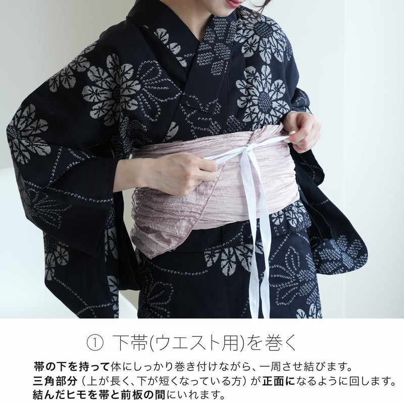 【浴衣+作り帯2点セット  紺地に大きな八重桜】コットン100％  フリーサイズ （5026275211）