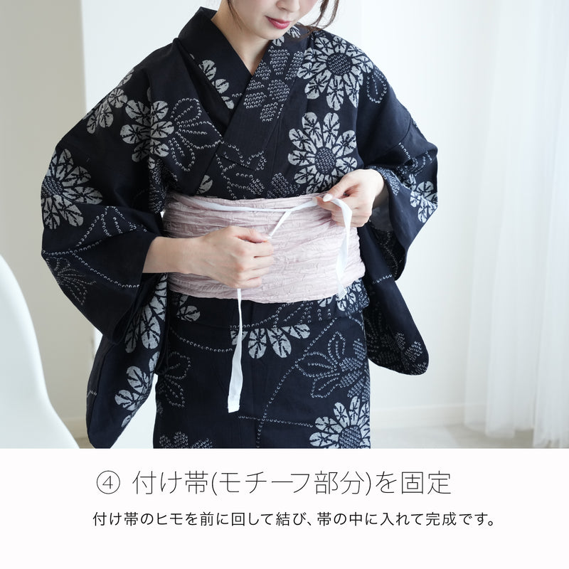 【浴衣+作り帯2点セット  紺地に大きな八重桜】コットン100％  フリーサイズ （5026275211）