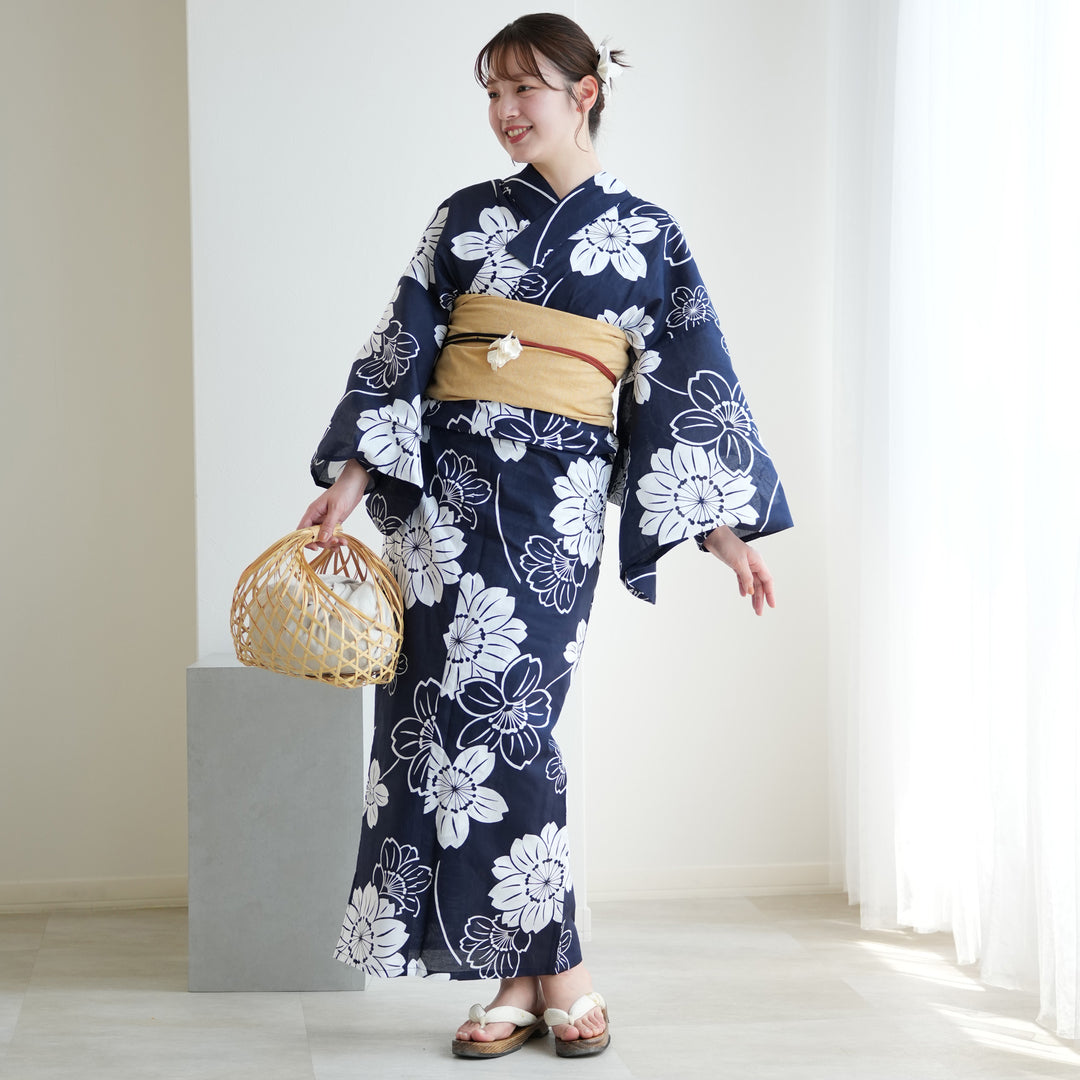 柔らかな質感の 浴衣+作り帯2点セット 紺地に大きな八重桜】コットン100 水着・ラッシュガード