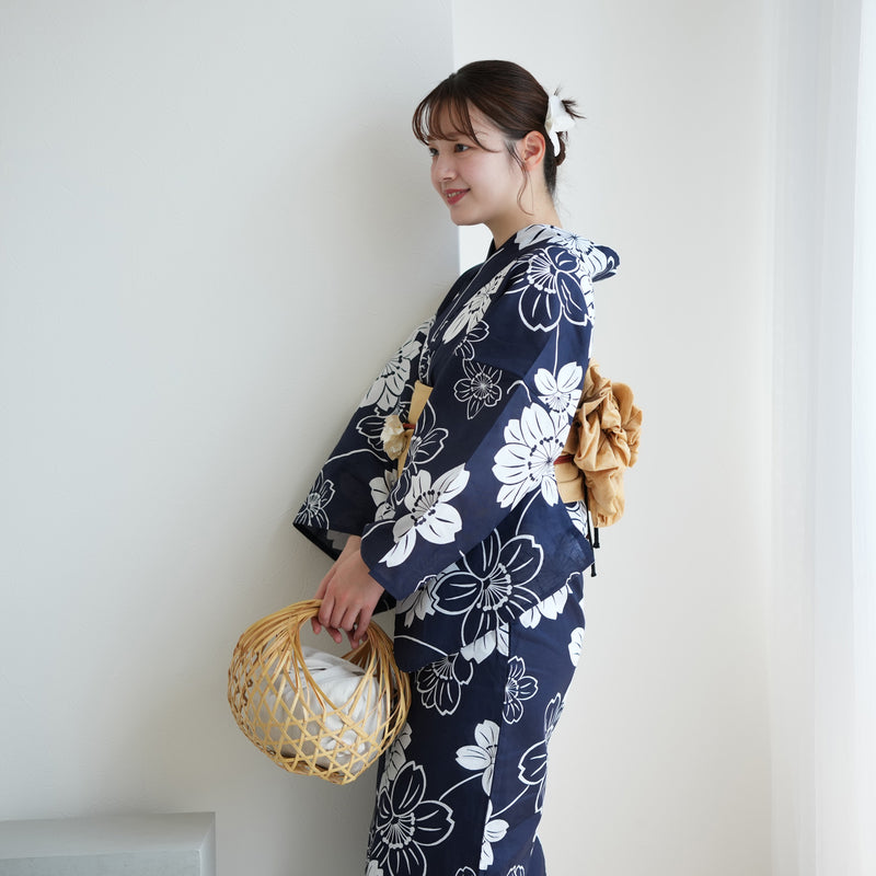 【浴衣+作り帯2点セット  紺地に大きな八重桜】コットン100％  フリーサイズ （5026275211）