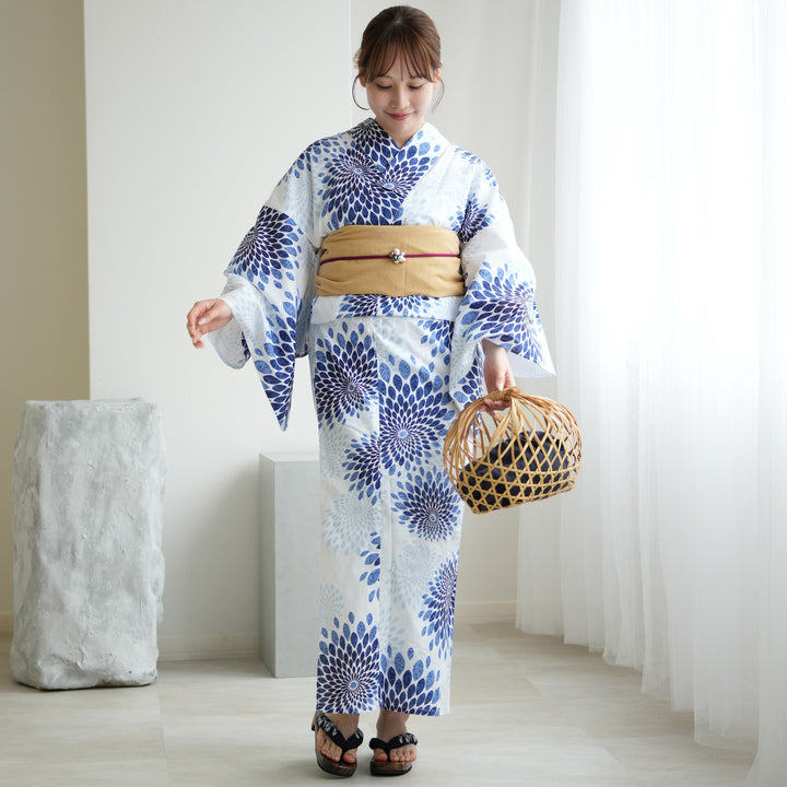浴衣+作り帯2点セット 白地に紺の菊ぼかし】コットン100