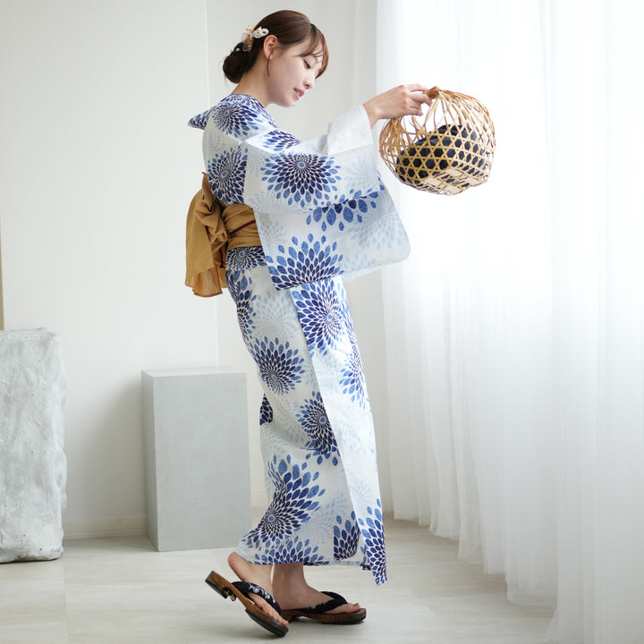 浴衣+作り帯2点セット 白地に紺の菊ぼかし】コットン100