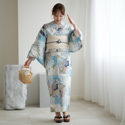 【アウトレット品 浴衣+帯2点セット  水色の市松と菖蒲】気になる人は気になる？少々難あり  3Lサイズ（ヒップ約130cm位まで対応）（5029278111）※返品交換不可