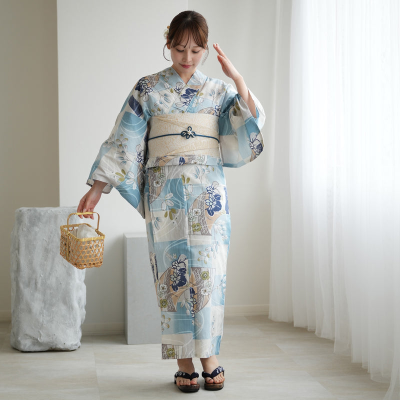 【アウトレット品 浴衣+帯2点セット  水色の市松と菖蒲】気になる人は気になる？少々難あり  3Lサイズ（ヒップ約130cm位まで対応）（5029278111）※返品交換不可