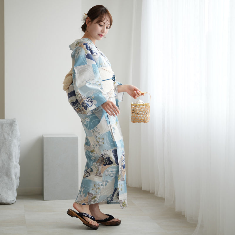 【アウトレット品 浴衣+帯2点セット  水色の市松と菖蒲】気になる人は気になる？少々難あり  3Lサイズ（ヒップ約130cm位まで対応）（5029278111）※返品交換不可