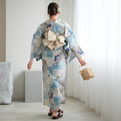 【アウトレット品 浴衣+帯2点セット  水色の市松と菖蒲】気になる人は気になる？少々難あり  3Lサイズ（ヒップ約130cm位まで対応）（5029278111）※返品交換不可