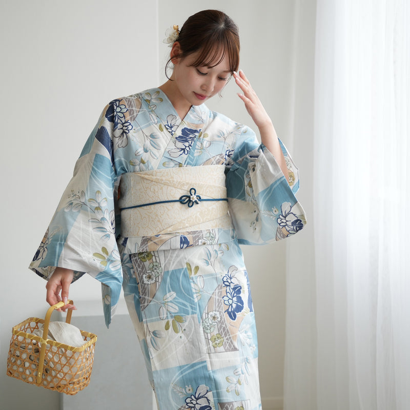 【アウトレット品 浴衣+帯2点セット  水色の市松と菖蒲】気になる人は気になる？少々難あり  3Lサイズ（ヒップ約130cm位まで対応）（5029278111）※返品交換不可
