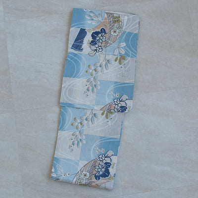 【アウトレット品 浴衣+帯2点セット  水色の市松と菖蒲】気になる人は気になる？少々難あり  3Lサイズ（ヒップ約130cm位まで対応）（5029278111）※返品交換不可