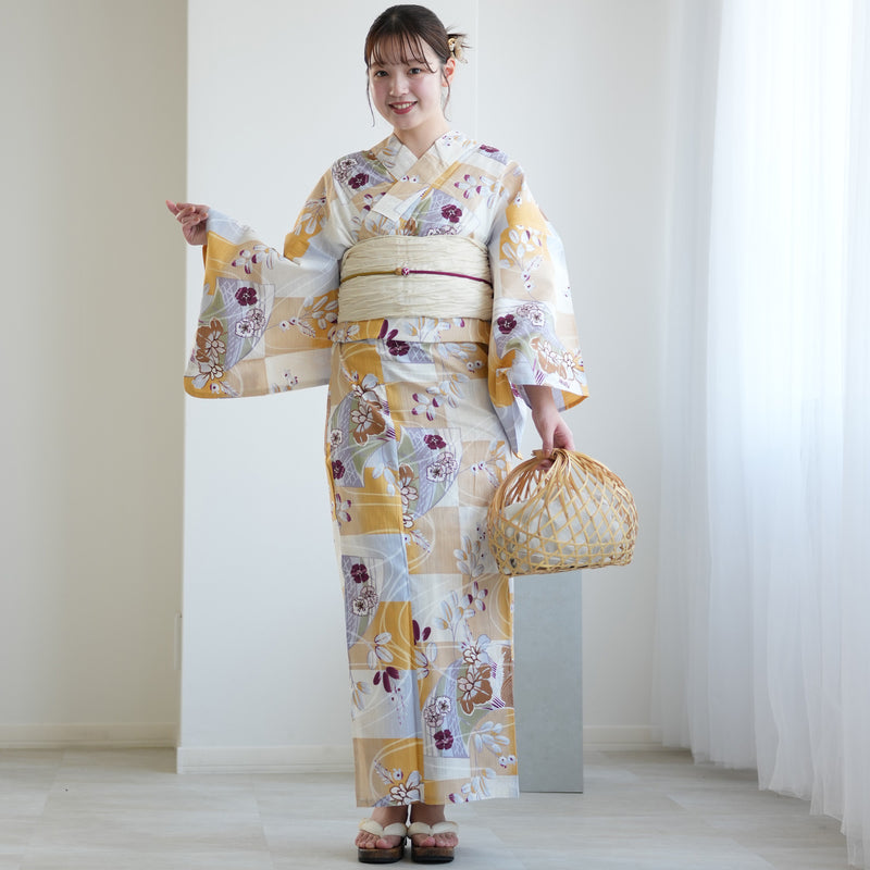 【アウトレット品 浴衣+帯2点セット  からしの市松と菖蒲】気になる人は気になる？少々難あり  Lサイズ（165-175cm）（5028278511）※返品交換不可