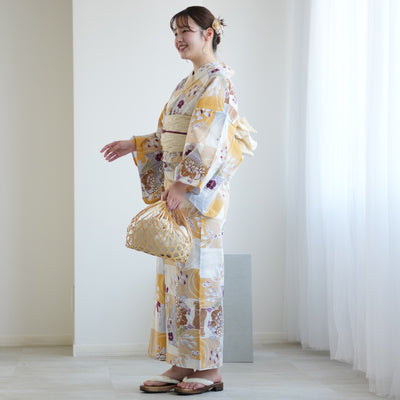 【アウトレット品 浴衣+帯2点セット  からしの市松と菖蒲】気になる人は気になる？少々難あり  Lサイズ（165-175cm）（5028278511）※返品交換不可