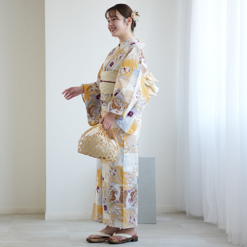 【アウトレット品 浴衣+帯2点セット  からしの市松と菖蒲】気になる人は気になる？少々難あり  Lサイズ（165-175cm）（5028278511）※返品交換不可