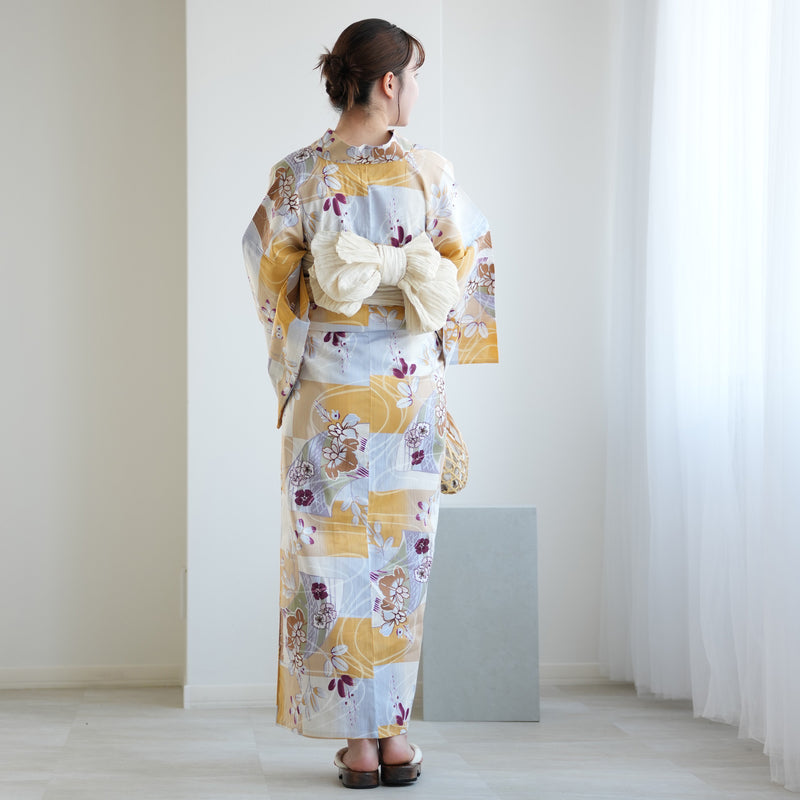 【アウトレット品 浴衣+帯2点セット  からしの市松と菖蒲】気になる人は気になる？少々難あり  Lサイズ（165-175cm）（5028278511）※返品交換不可