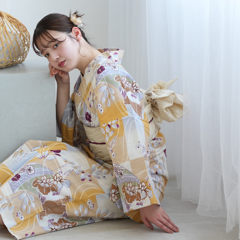 【アウトレット品 浴衣+帯2点セット  からしの市松と菖蒲】気になる人は気になる？少々難あり  Lサイズ（165-175cm）（5028278511）※返品交換不可