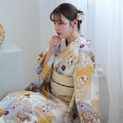 【アウトレット品 浴衣+帯2点セット  からしの市松と菖蒲】気になる人は気になる？少々難あり  Lサイズ（165-175cm）（5028278511）※返品交換不可
