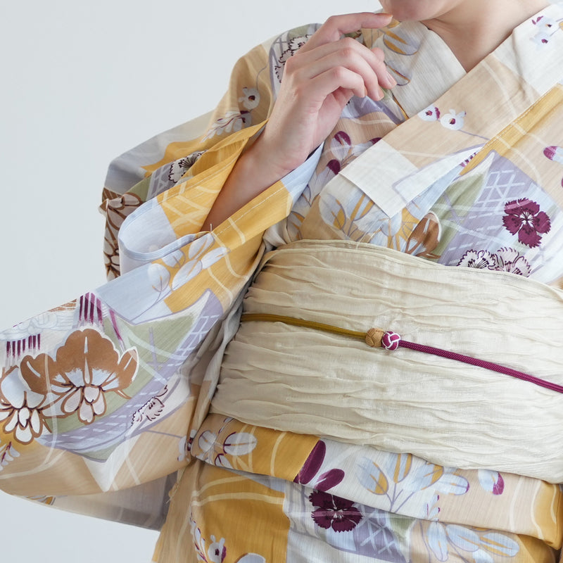 【アウトレット品 浴衣+帯2点セット  からしの市松と菖蒲】気になる人は気になる？少々難あり  Lサイズ（165-175cm）（5028278511）※返品交換不可