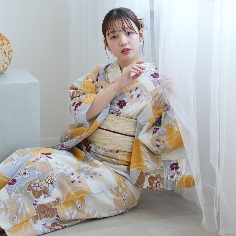 【アウトレット品 浴衣+帯2点セット  からしの市松と菖蒲】気になる人は気になる？少々難あり  フリーサイズ （5026278511）※返品交換不可