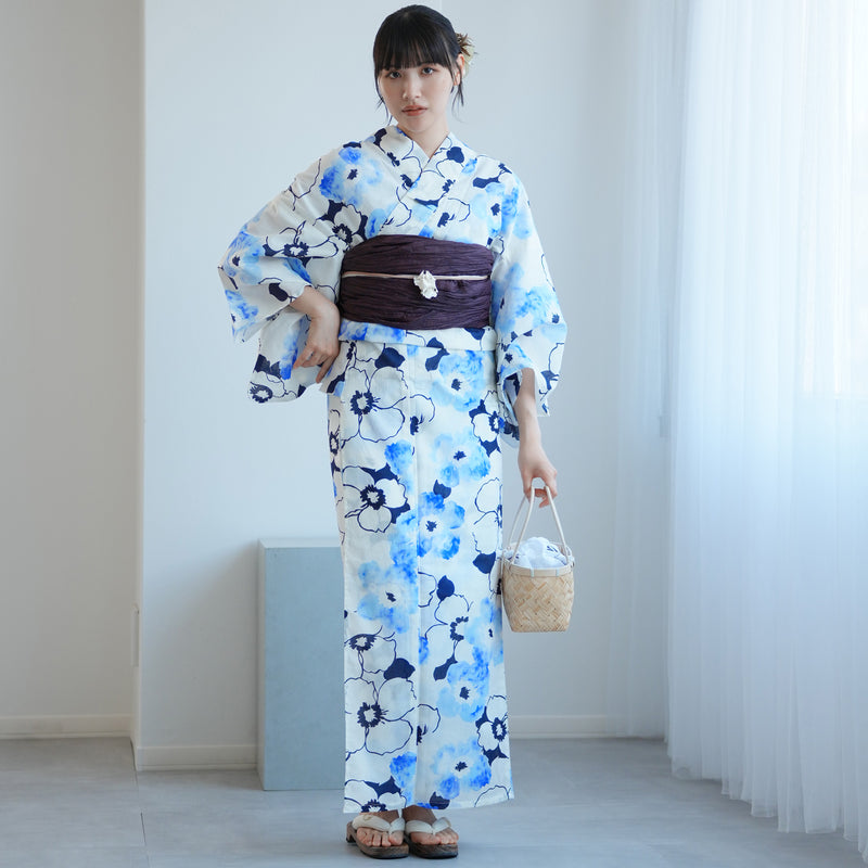 【高級変わり織 浴衣2点セット ( ゆかた・帯)白地に紺と青のぼかし椿】 レディース コットン100％ フリーサイズ（5026289811）