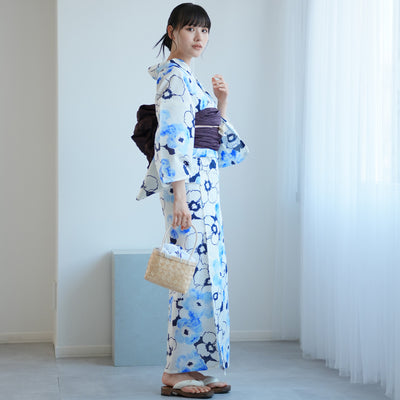 【高級変わり織 浴衣2点セット ( ゆかた・帯)白地に紺と青のぼかし椿】 レディース コットン100％ フリーサイズ（5026289811）