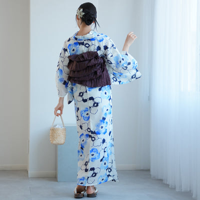 【高級変わり織 浴衣2点セット ( ゆかた・帯)白地に紺と青のぼかし椿】 レディース コットン100％ フリーサイズ（5026289811）