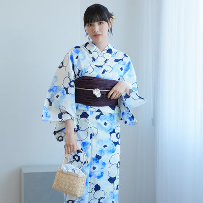 【高級変わり織 浴衣2点セット ( ゆかた・帯)白地に紺と青のぼかし椿】 レディース コットン100％ フリーサイズ（5026289811）